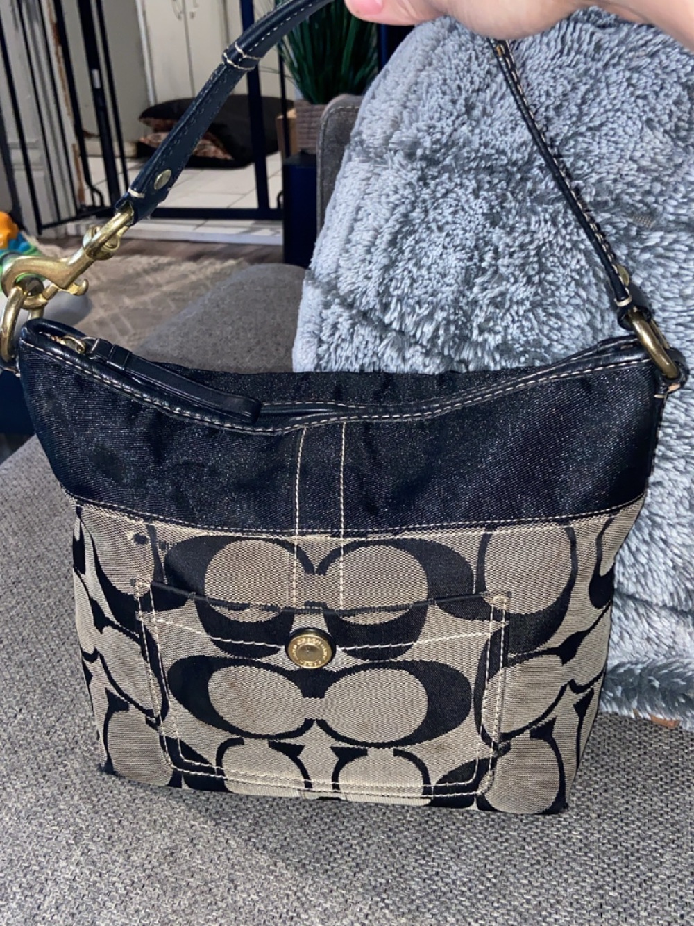 Coach Signature Canvas and Leather Shoulder Bag in Black/Tan